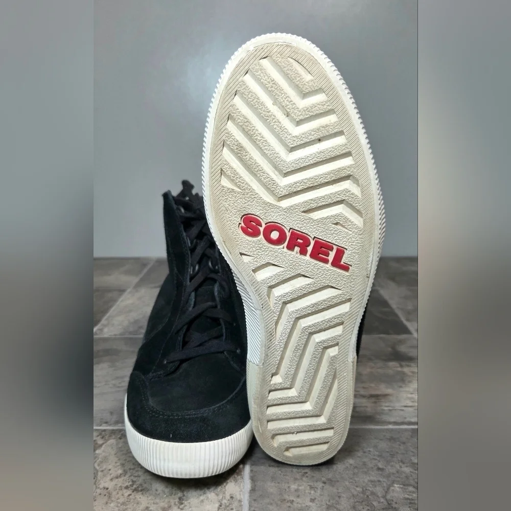 SOREL OUT 'N ABOUT SUEDE HIGH TOP WEDGE SNEAKERS.
